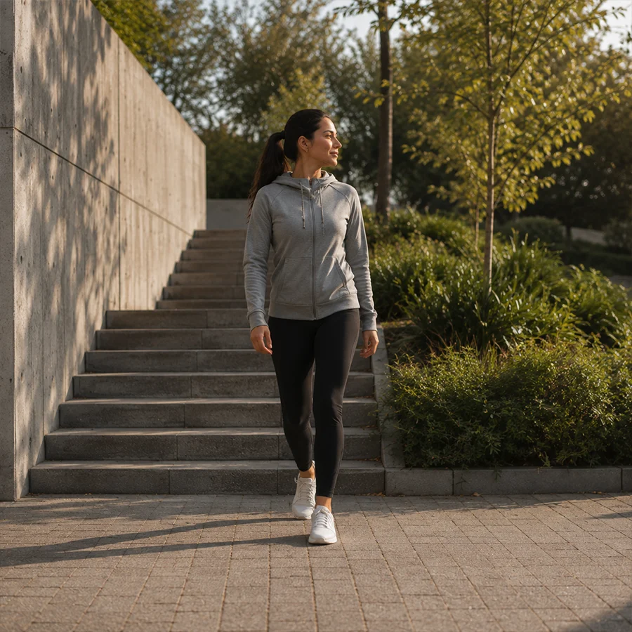 Mujer subiendo escaleras con energía en su día a día